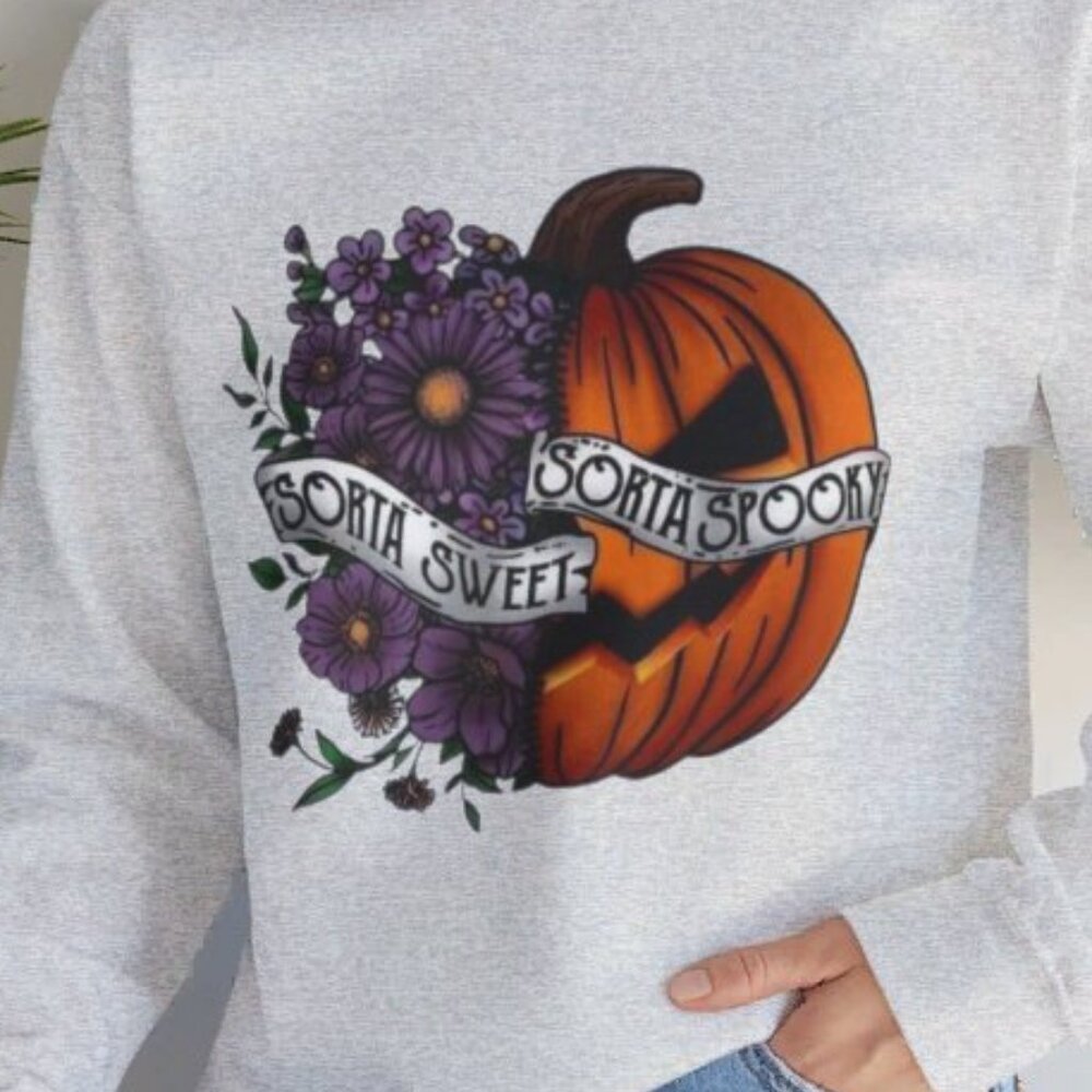 Women’s Grey Sorta Sweet Sorta Spooky Jack o Lantern Halloween Sweatshirt Fall